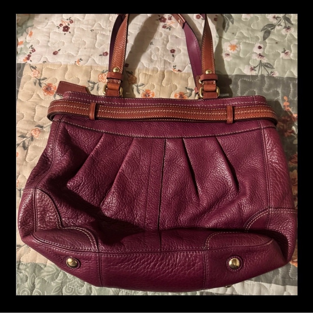 Coach Plum Leather Shoulder Bag with Brown Straps and Gold Hardware - Picture 2 of 4